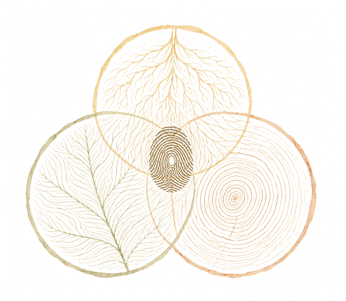 Three overlapping circles: a root system in ochre, leaf veins in olive, and growth rings in terracotta — all drawn as fingerprint ridges, converging at the centre into one single complete fingerprint