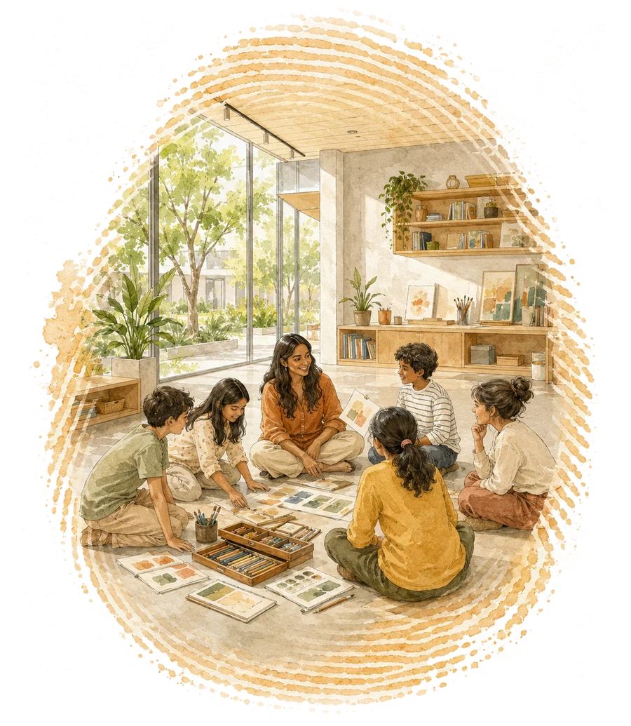 A teacher sitting on the floor among children of mixed ages, working together with paper and chalk — held inside a fingerprint