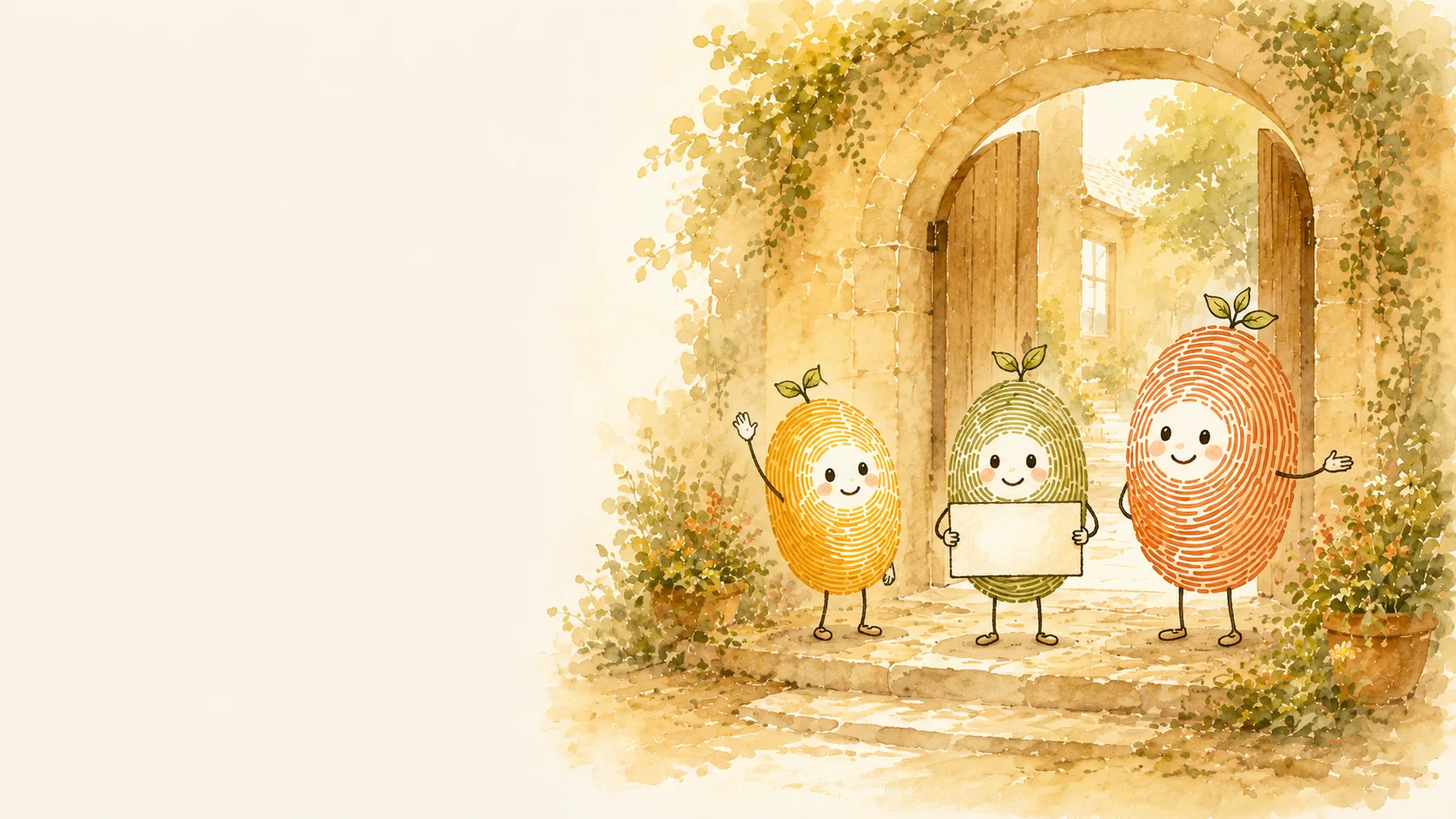 Three Ekaaya mascots welcoming a family at the school doorway, one holding a blank welcome card