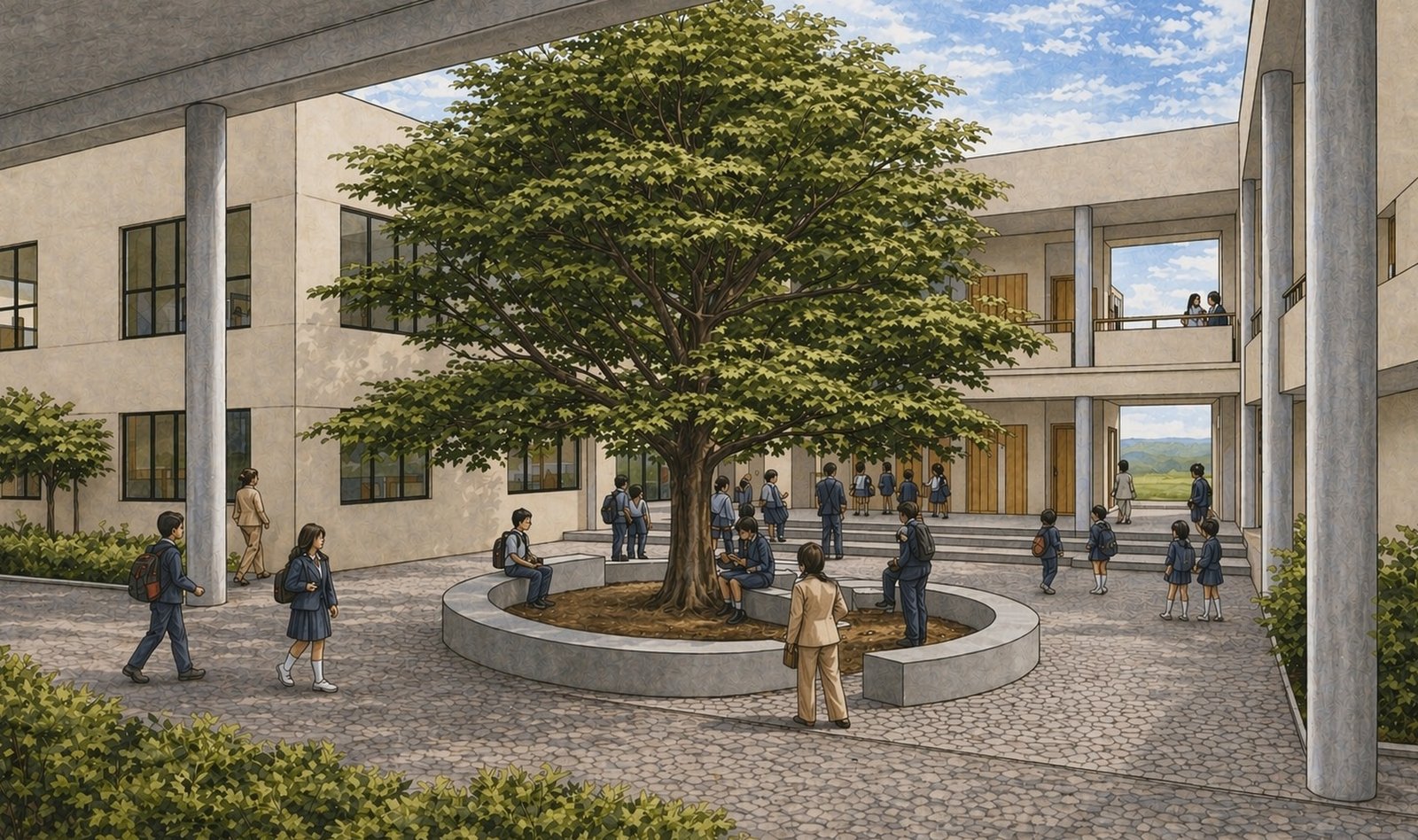 Children gathered in the banyan courtyard at Ekaaya, watercolor sketch