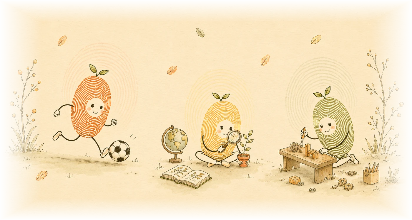 The three Ekaaya characters, each learning by doing — one kicking a football, one examining a plant with a magnifying glass beside a globe and open book, one building at a workbench — each held inside a faint fingerprint