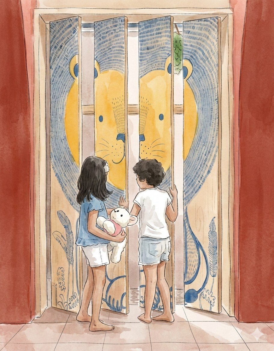 Children at the lion mural doors, watercolor sketch