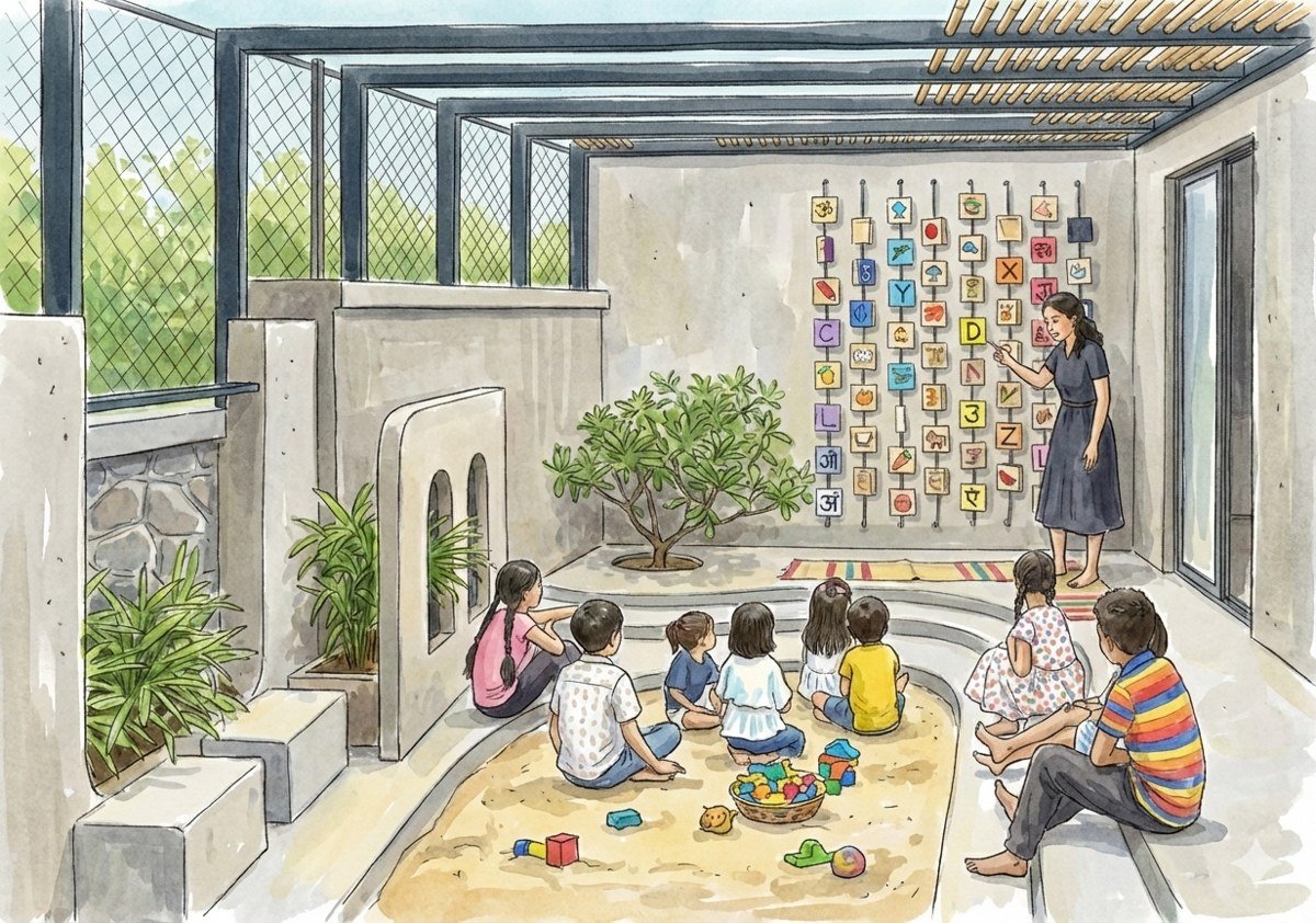 Story circle in the sandpit courtyard, watercolor sketch