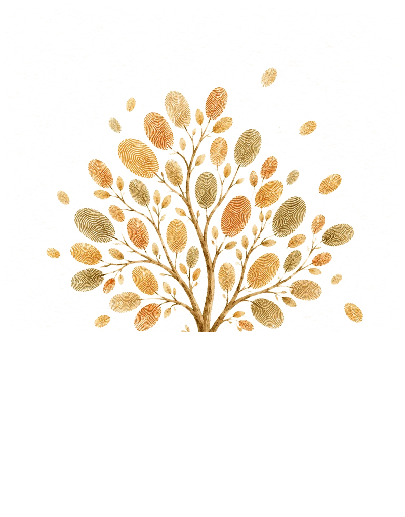 A watercolour tree whose leaves are fingerprints, with seedlings breaking the soil at its roots