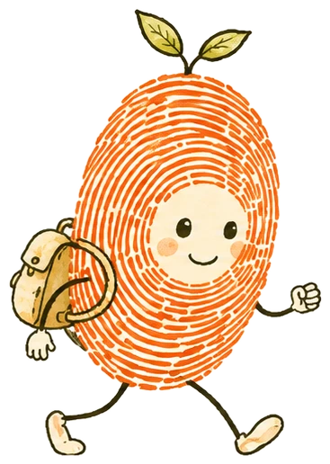 A terracotta fingerprint character with a backpack, setting off