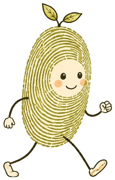 An olive fingerprint character, grown and striding confidently