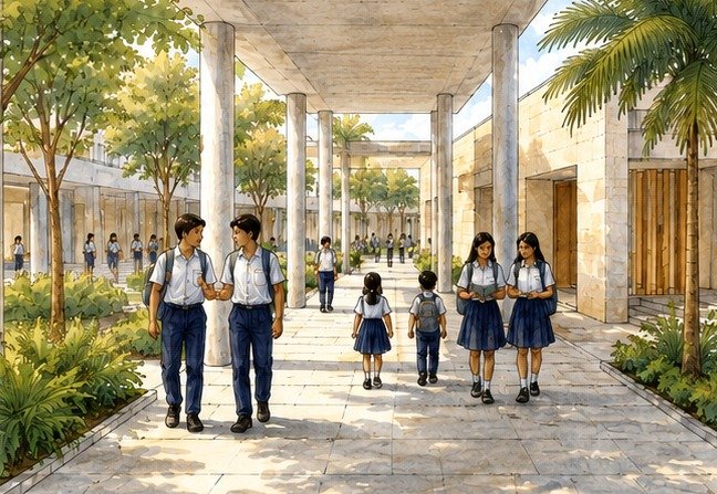 Students of all ages walking along a columned campus walkway