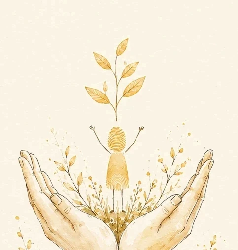 Cupped watercolour hands lifting a small fingerprint figure reaching toward a sprig
