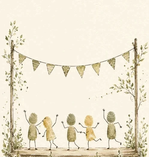 A watercolour open-air stage with bunting and small fingerprint children celebrating