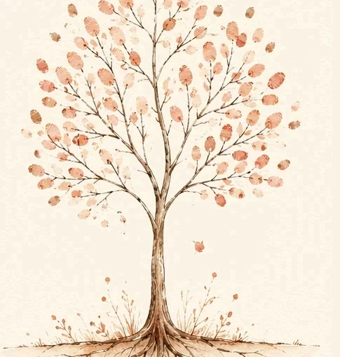 A watercolour tree whose leaves are fingerprints, roots spreading below