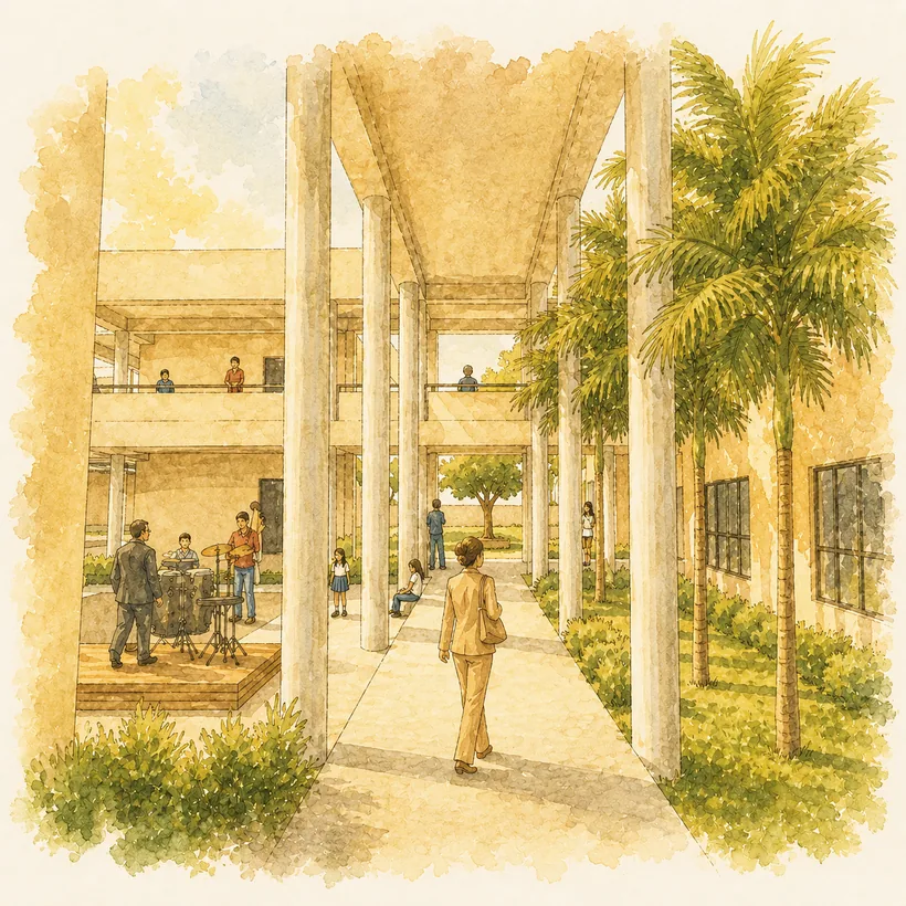 The open sandstone courtyard of Wisdom Square
