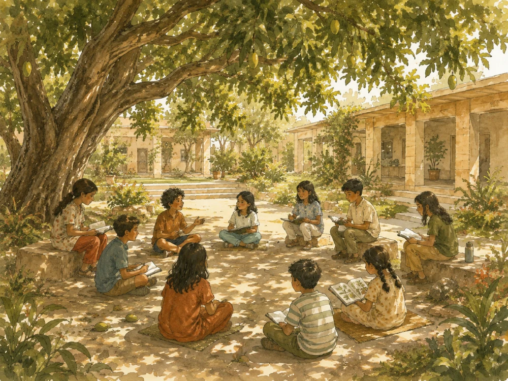 Children gathered in the shade of the great tree at the heart of Banyan Court