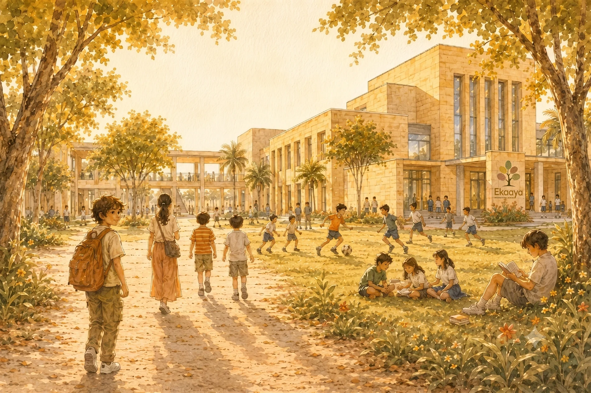 Children walking toward the Ekaaya campus in golden light — some playing on the grass, some reading under the trees; one has turned back to look at us