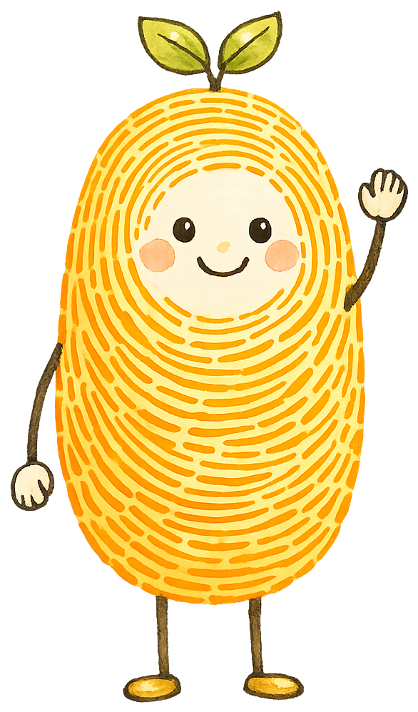 A friendly Ekaaya fingerprint character waving hello
