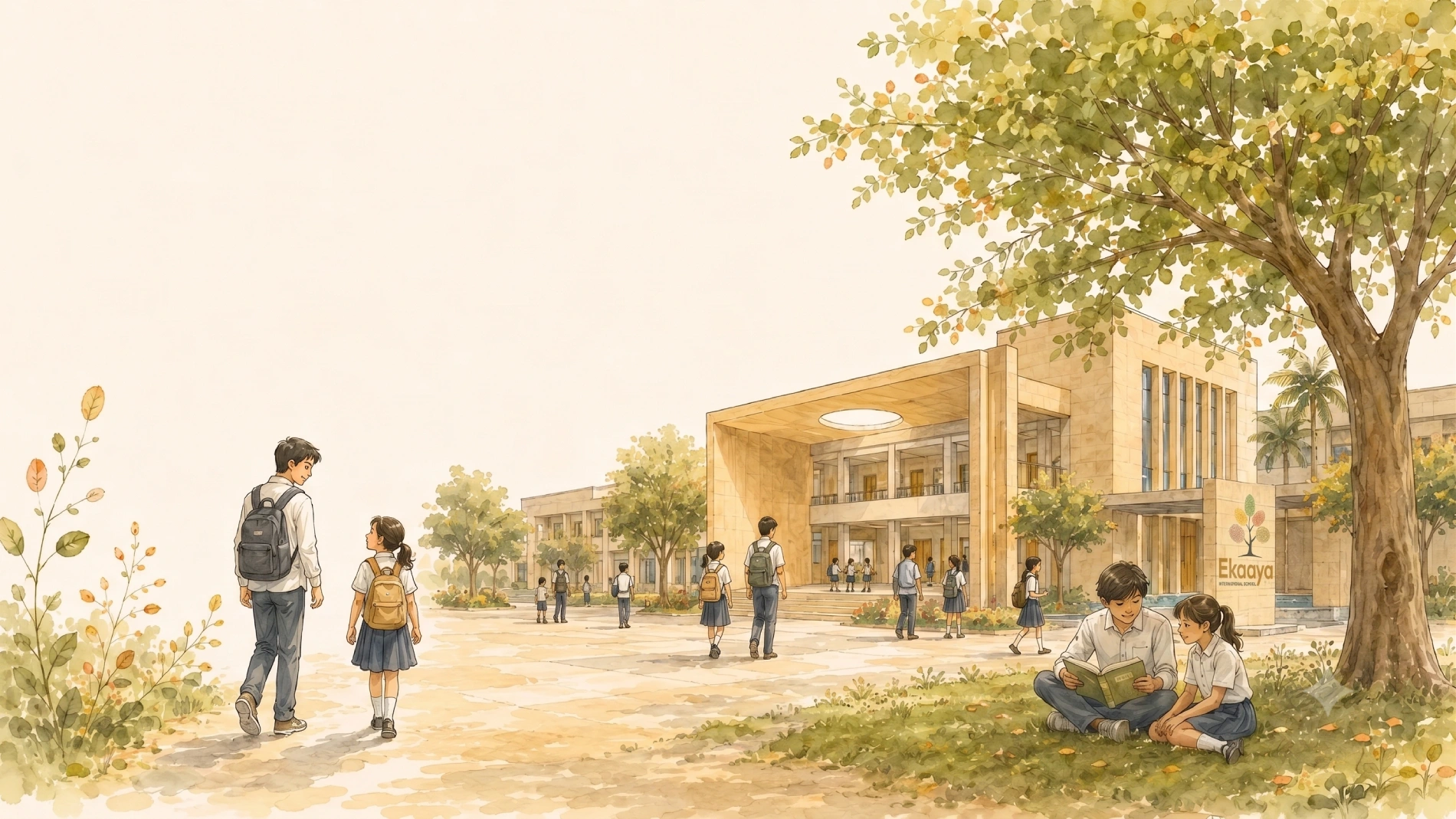 Children walking toward the Ekaaya campus in warm morning light, with two more reading a book together under a spreading tree