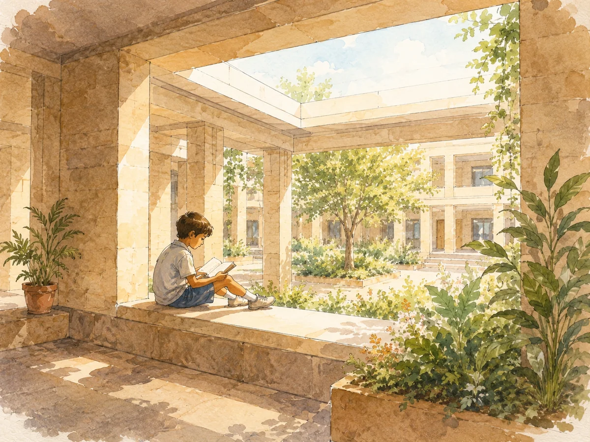 A child reading on a sunlit sill beneath a skylight