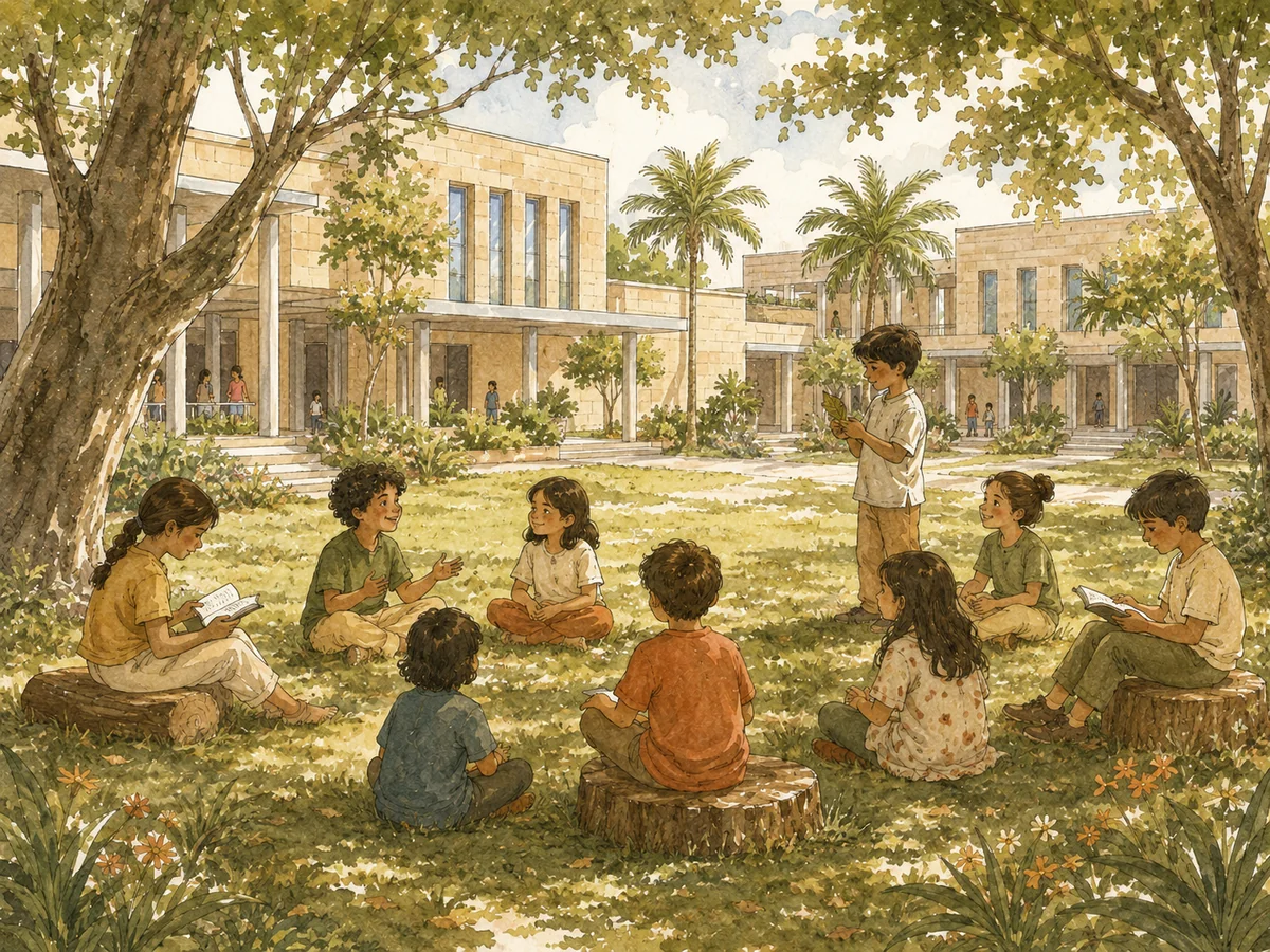 Children reading and playing on the garden steps