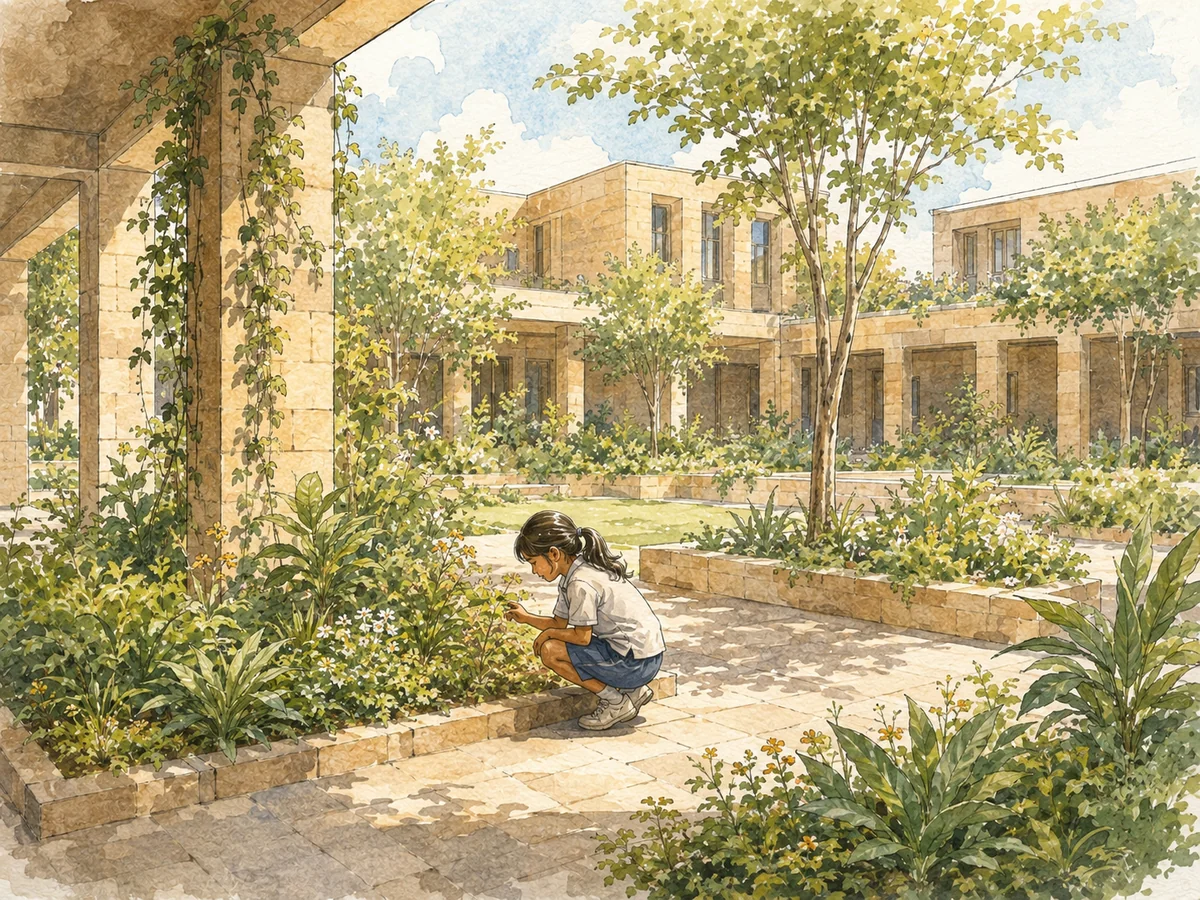 A child crouched at a planted bed in a green courtyard garden