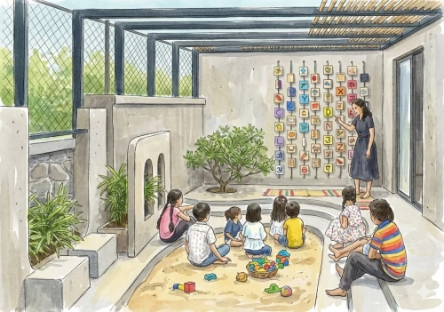 Story circle in the sandpit courtyard, watercolor sketch