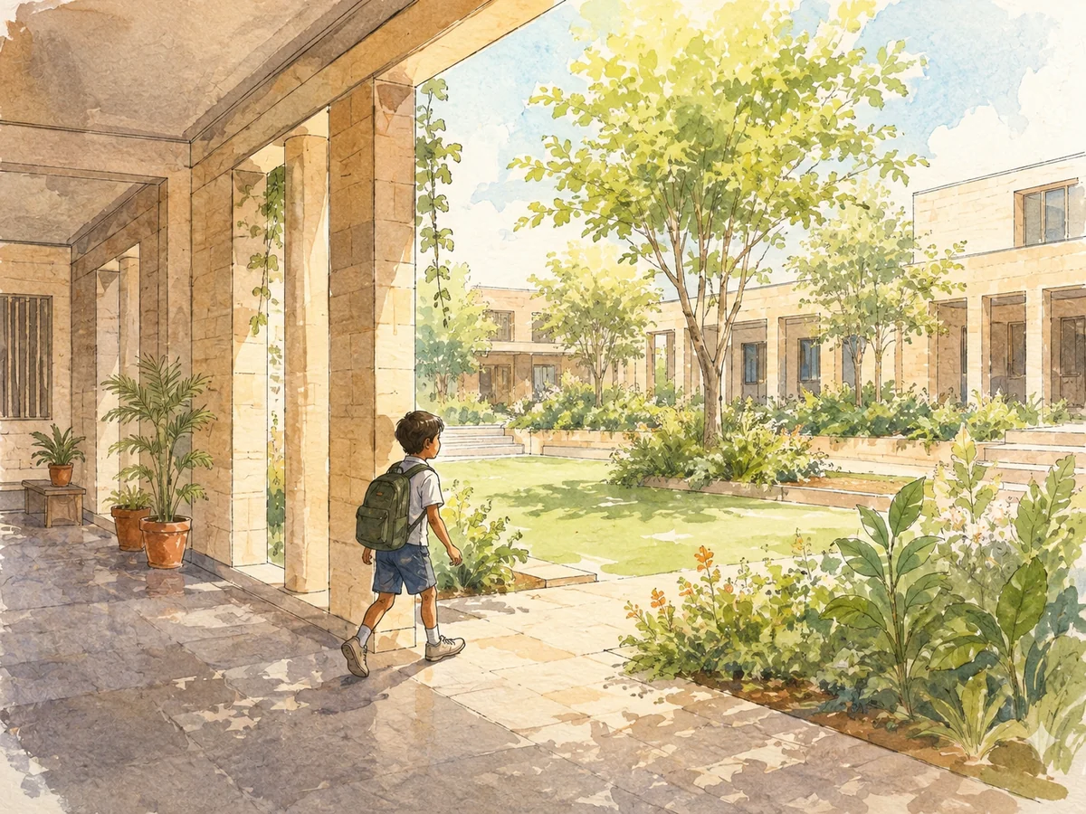 A child stepping from a shaded colonnade out into a sunlit, planted courtyard