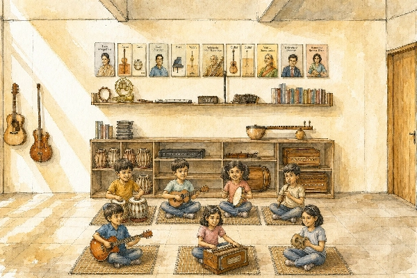 Children at the lion mural doors, watercolor sketch